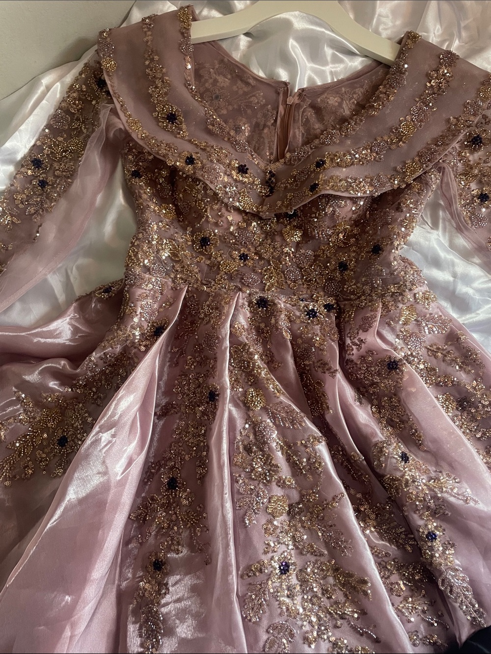 Embellished Lavender Pink Formal Gown with Gold Accents